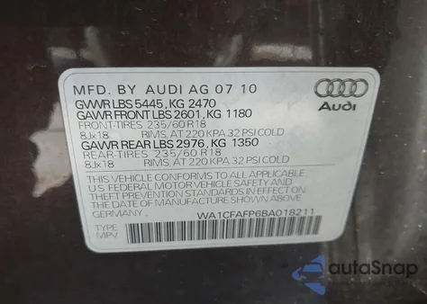 2011 Audi Q5 2.0T Premium из США, поврежденный, VIN WA1CFAFP6BA018211